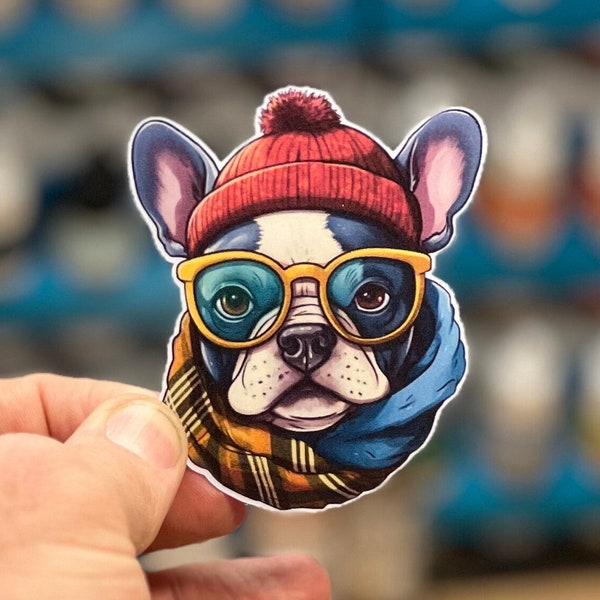 Hipster French Bulldog Sticker - Vinyl, Decal, Laptop, Phone, Dog, Unique, Trendy, Cool, Notebook, Animal, Frenchie, Art, Urban