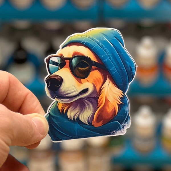 Hipster Golden Retriever Sticker - Vinyl, Decal, Laptop, Phone, Dog, Unique, Trendy, Cool, Notebook, Fluffy, Animal, Hipster Art, Urban