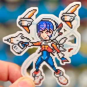 Puede incluir: Una pegatina de arte de píxeles de un personaje de pelo azul con un mono rojo y naranja, sosteniendo un arma blanca y rodeado de objetos blancos que vuelan.