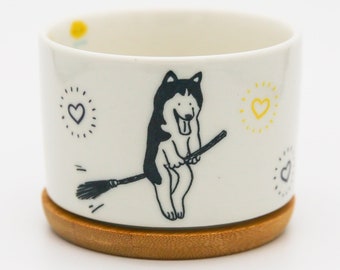 Husky Dog Decal Succulent Pot: Ceramic Cactus Planter with Bamboo Tray