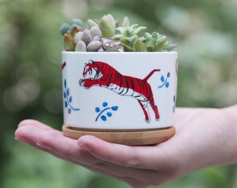 Year of The Tiger Ceramic Succulent Planter with Bamboo Tray