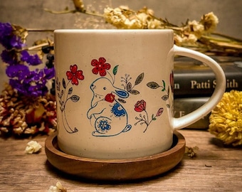 Year of The Rabbit Ceramic Mug With Wood Saucer, 12oz Mug, Housewarming Gift, Home Décor, Birthday Gift, Holiday Gift, Lunar Year Gift