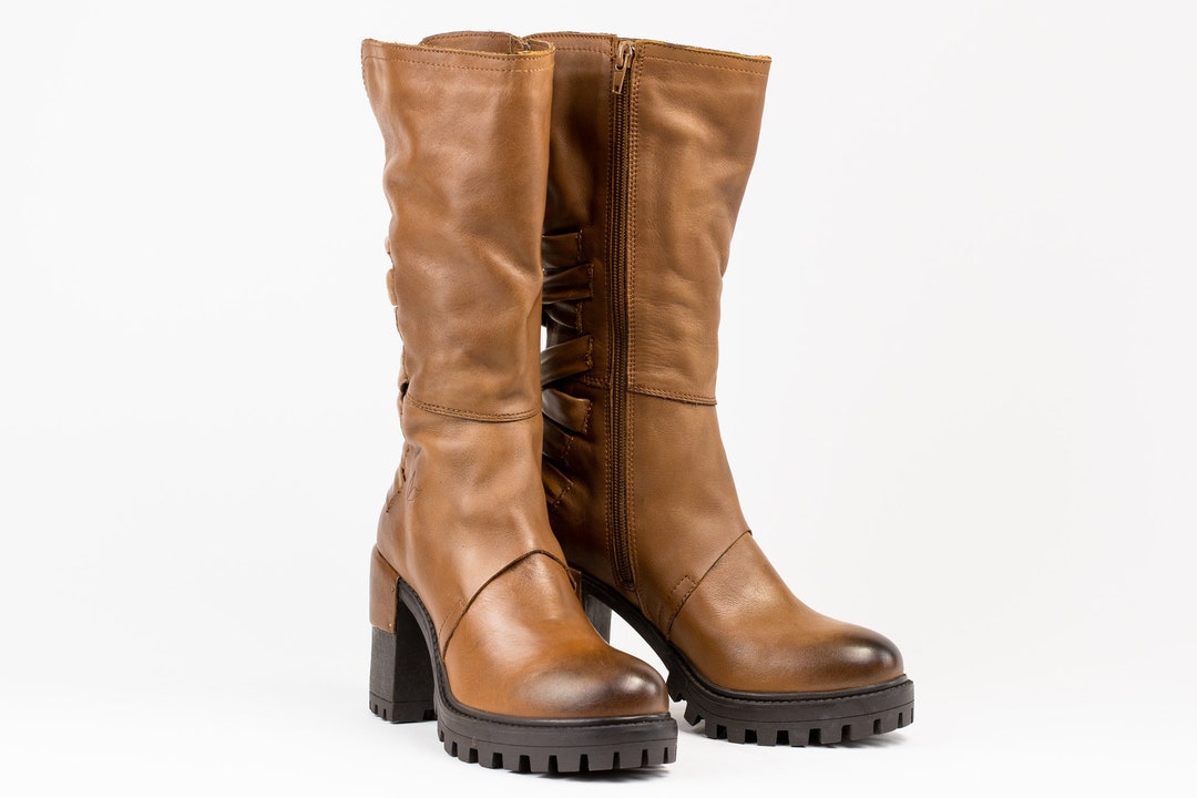 Premium Brown Leather High Boots for Women, Handmade Leather Boots, Unique Fashion Statement