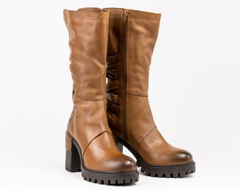 Handmade Brown Leather High Heel Boots with Braided Detail