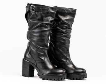 Botas de tacón alto de piel auténtica hechas a mano, diseño plegado