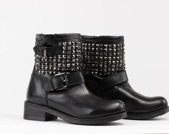 Handmade Black Leather Ankle Boots, Metal Studded Moto Boots