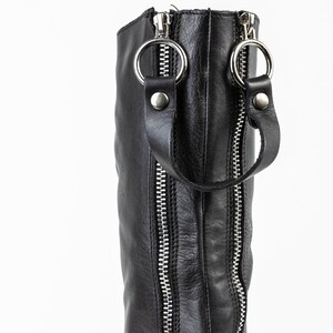Black Leather Knee High Boots, Block Heel, Double Zipper image 6