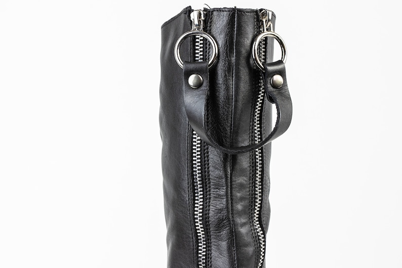 Black Leather Knee High Boots, Block Heel, Double Zipper image 6