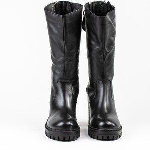 Black Leather Knee High Boots, Block Heel, Double Zipper image 5