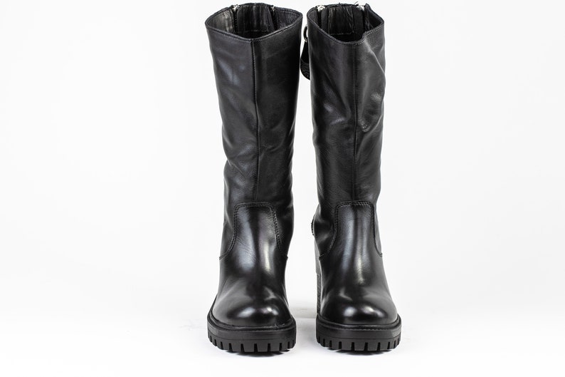 Black Leather Knee High Boots, Block Heel, Double Zipper image 5