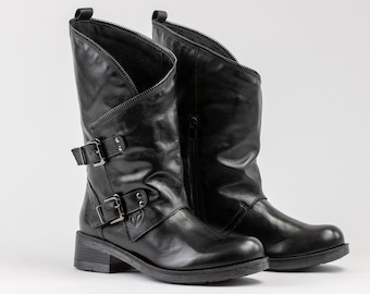 Botas de vaquero para mujer, zapatos de diseñador 100% de cuero genuino, diseño exótico, Color negro, bota media alta, tacones bajos, zapatos de moda