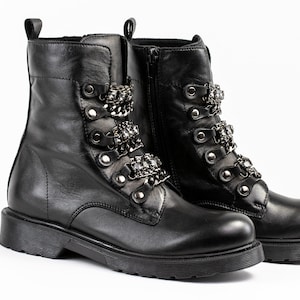 Genuine Leather Boots for Women, Black Color Low Heel Ankle Boots, Stylish Metal Accessories Elegant Fashion Statement Shoes Gifts For Her