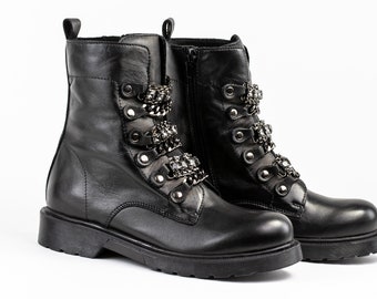 Genuine Leather Ankle Boots with Metal Chain Detail