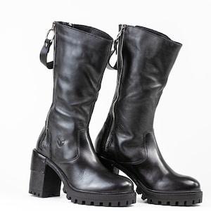 Women High Boots Genuine Leather Black Color Knee High Boots, Block Heels Double Zipper Soft Comfortable Elegant Stylish Fashion Shoes