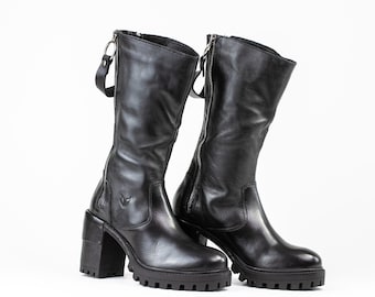 Black Leather Knee High Boots, Block Heel, Double Zipper