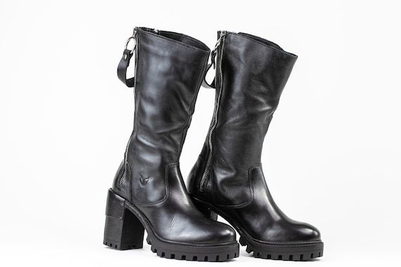 Black Leather Knee High Boots, Block Heel, Double Zipper