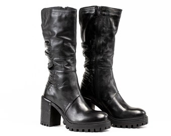 Botas altas de cuero negro para mujer Botas hechas a mano de primera calidad con tacones altos, botas de invierno de cuero