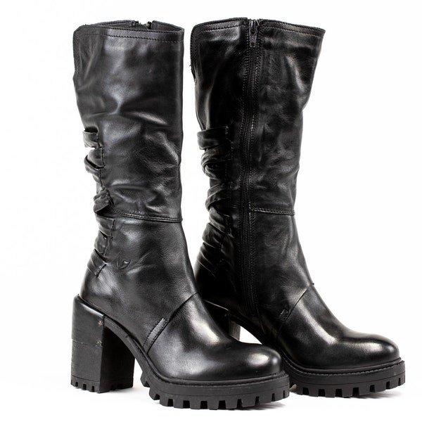 Bottes hautes en cuir noires pour femmes, faites main, qualité supérieure, talons hauts, bottes d'hiver en cuir