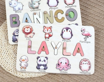 Name Puzzle Wooden Board, Name Puzzle, Wooden Puzzle Gift with Animals. Suitable for 1, 2, 3 Year Old, Kids Gift, Birthday Gift