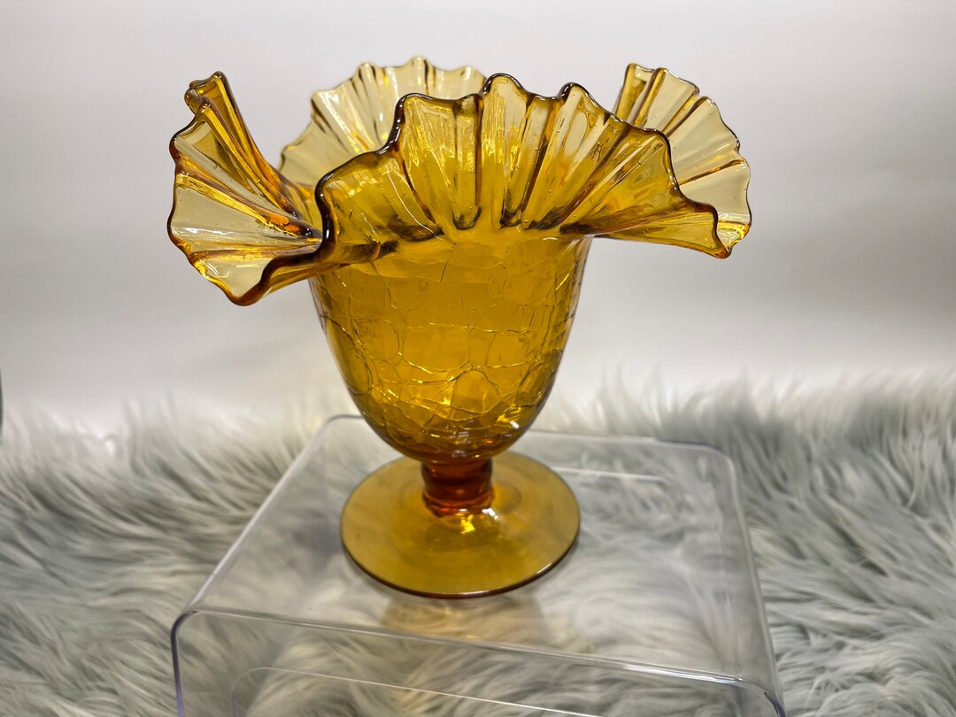 Vintage Blenko Citrine Yellow Gold Vase With Crackle Glass Etsy