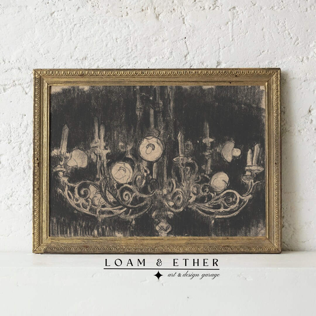 Charcoal Sketch. Charcoal Art Print. Chandelier Art Print. Black and