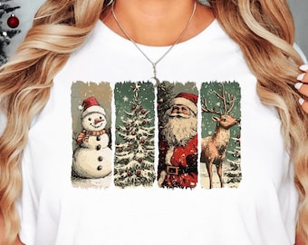 Retro Christmas Shirt, Santa Claus T-shirt, Vintage Christmas, Holiday Graphic tee, Xmas Party, Cute Winter Gift, Snowman Reindeer Tree