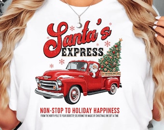 Santa’s Express Christmas Shirt, Vintage Red Truck Tee, Santa Claus Holiday Graphic T-Shirt, Xmas Pajama Top, Family Christmas, Xmas gift