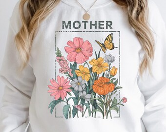Mother Flower Sweatshirt, Retro Mama Floral Graphic Crewneck