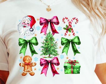Retro Santa Coquette Bow Christmas T-Shirt, Family Matching Tee
