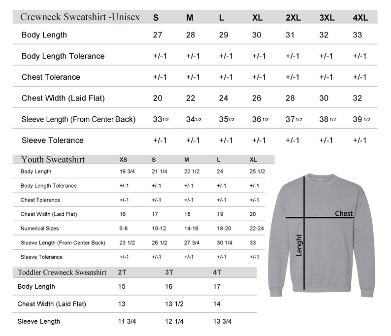 Puede incluir: Tabla de tallas para sudaderas de cuello redondo y juveniles, con medidas en pulgadas. La tabla incluye largo del cuerpo, ancho del pecho y largo de manga para varias tallas, de la XS a la 4XL. Un gr&aacute;fico de sudadera gris a la derecha.