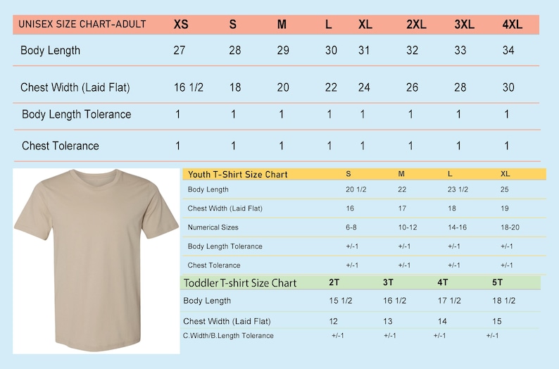Pu&ograve; includere: Una maglietta beige con una tabella delle taglie per adulti, giovani e bambini piccoli. La tabella delle taglie per adulti mostra le misure della lunghezza del corpo e della larghezza del petto in centimetri.
