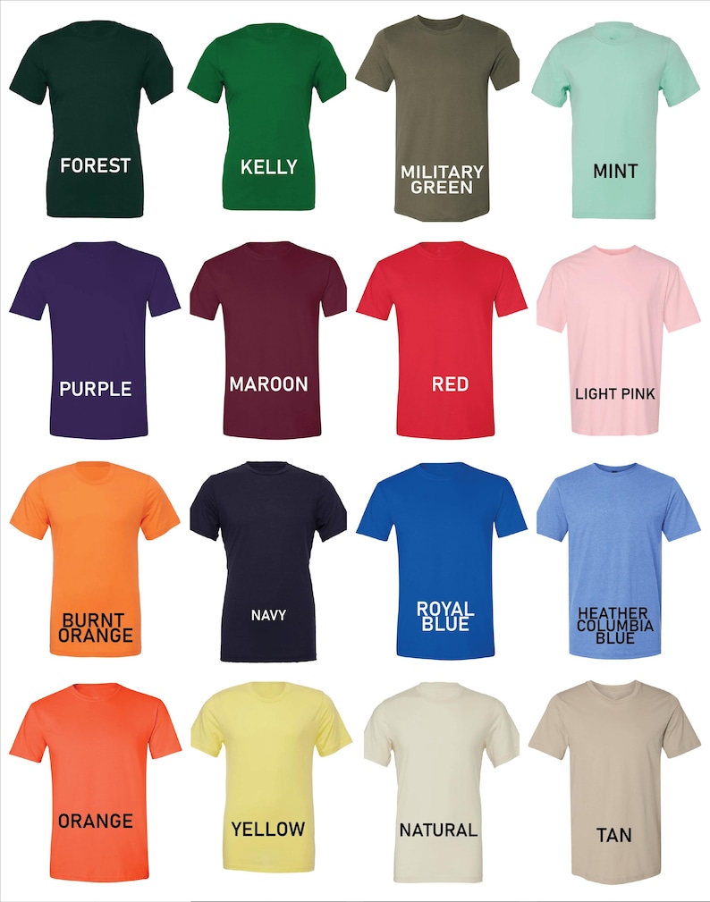May include: A collection of short-sleeved t-shirts in various colors, including forest green, purple, and orange. Each shirt has a different color name printed below it in white text. The shirts are displayed on a white background.