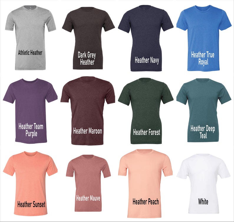 May include: A collection of short-sleeved t-shirts in various colors, including gray, dark grey, navy, blue, purple, maroon, green, teal, orange, mauve, peach, and white. Each shirt has a different color name printed on it.