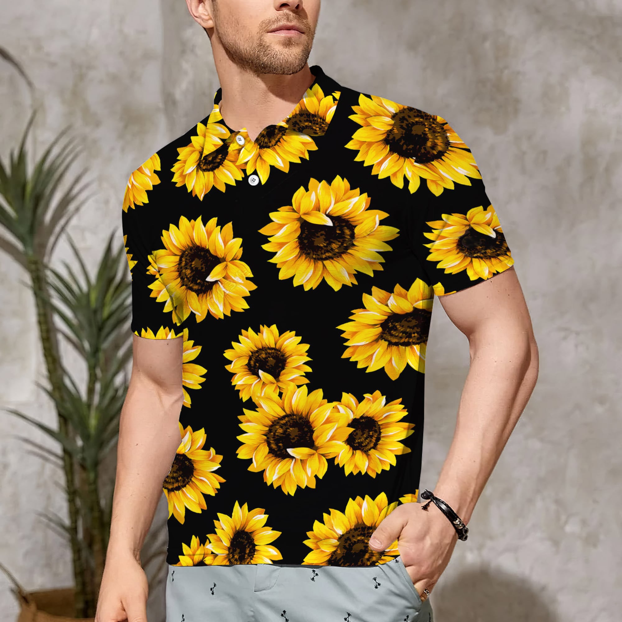 Black Sunflower Polo Shirt For Men, Polo 3D T-shirt