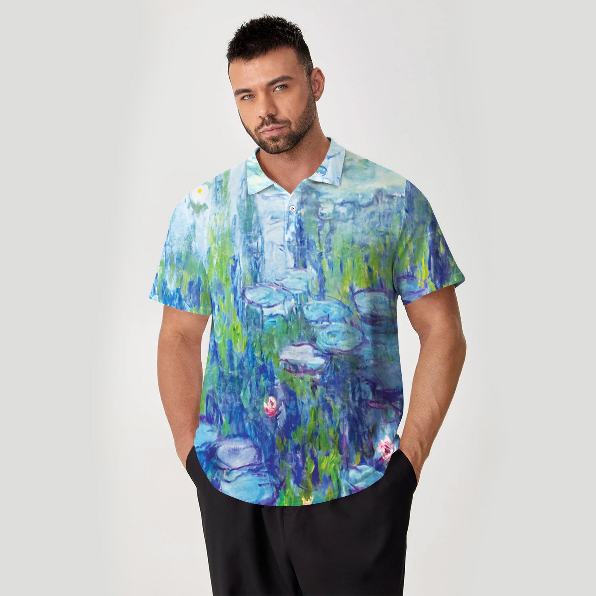 Water Lilies Monet Nympheas Polo Shirt For Men, Polo 3D T-shirt, Men Short Sleeve Shirt, Summer Shirt