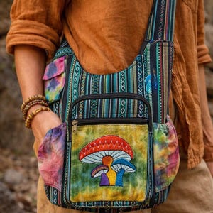 Customers Favorite 5* Bright & Colorful Hemp Mushroom Embroidery Hippie Crossbody bag Indian craftsmanship Durable Perfect for any occasion Goddess of Sun