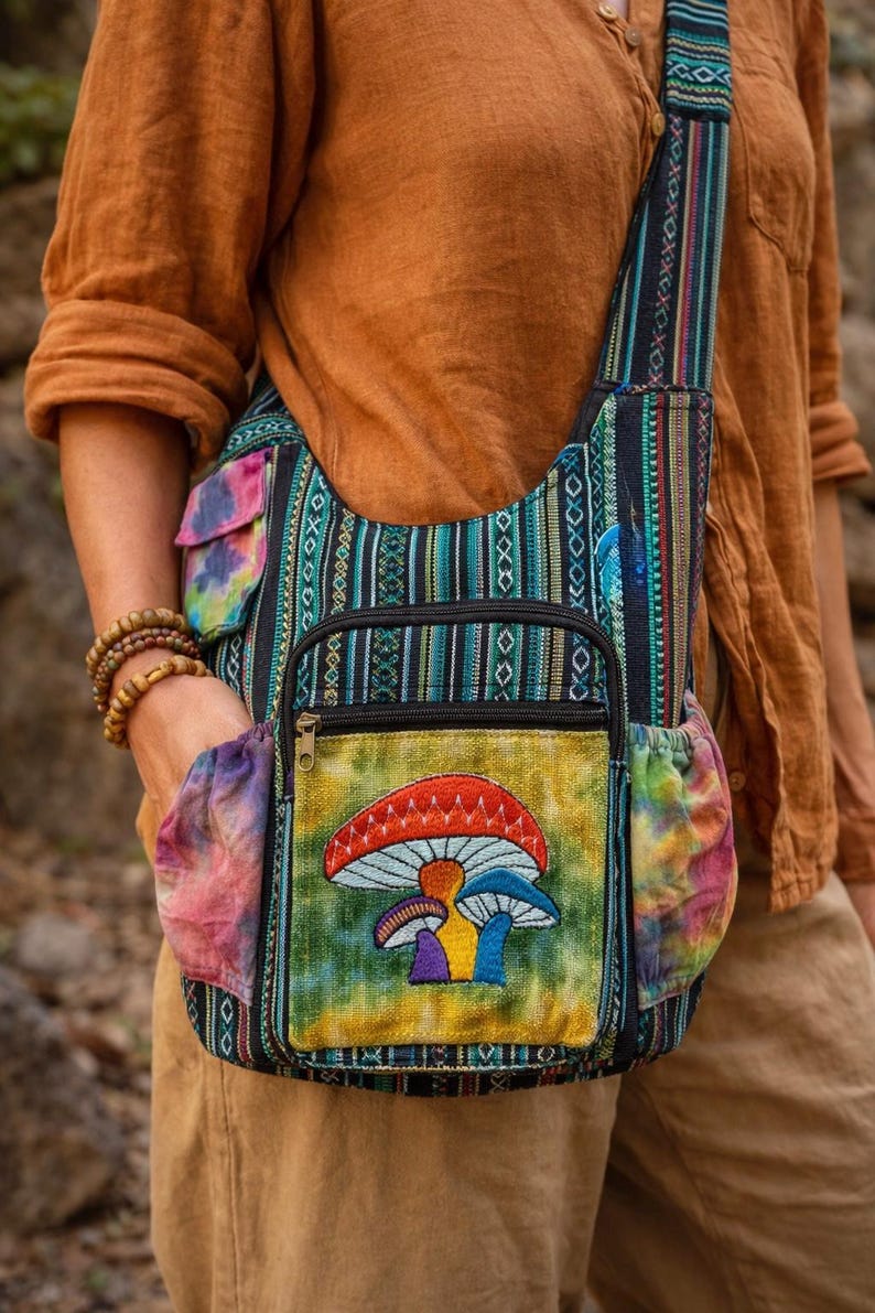 Customers Favorite 5* Bright & Colorful Hemp Mushroom Embroidery Hippie Crossbody bag Indian craftsmanship Durable Perfect for any occasion Goddess of Sun