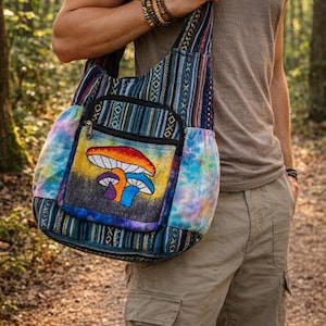 Customers Favorite 5* Bright & Colorful Hemp Mushroom Embroidery Hippie Crossbody bag Indian craftsmanship Durable Perfect for any occasion bild 3