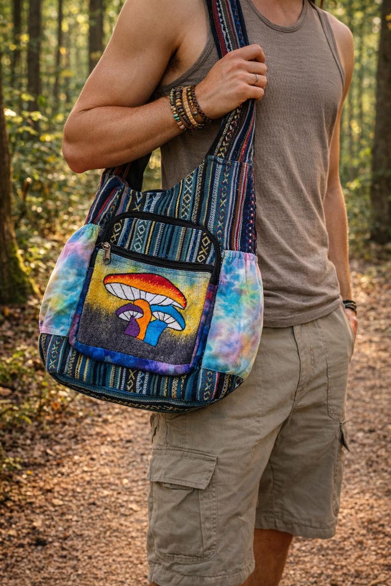 Customers Favorite 5* Bright & Colorful Hemp Mushroom Embroidery Hippie Crossbody bag Indian craftsmanship Durable Perfect for any occasion bild 3