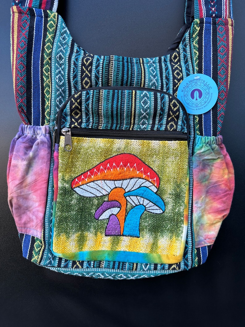 Customers Favorite 5* Bright & Colorful Hemp Mushroom Embroidery Hippie Crossbody bag Indian craftsmanship Durable Perfect for any occasion bild 8