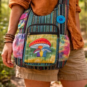 Customers Favorite 5* Bright & Colorful Hemp Mushroom Embroidery Hippie Crossbody bag Indian craftsmanship Durable Perfect for any occasion bild 2