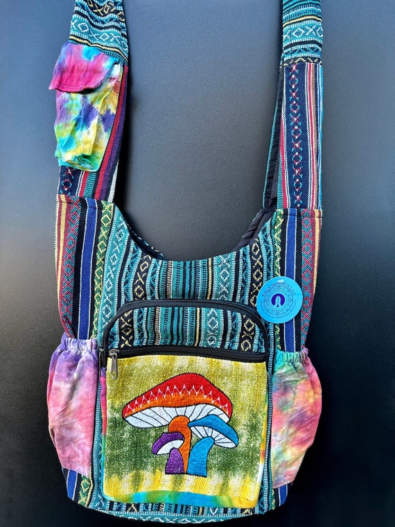 Customers Favorite 5* Bright & Colorful Hemp Mushroom Embroidery Hippie Crossbody bag Indian craftsmanship Durable Perfect for any occasion