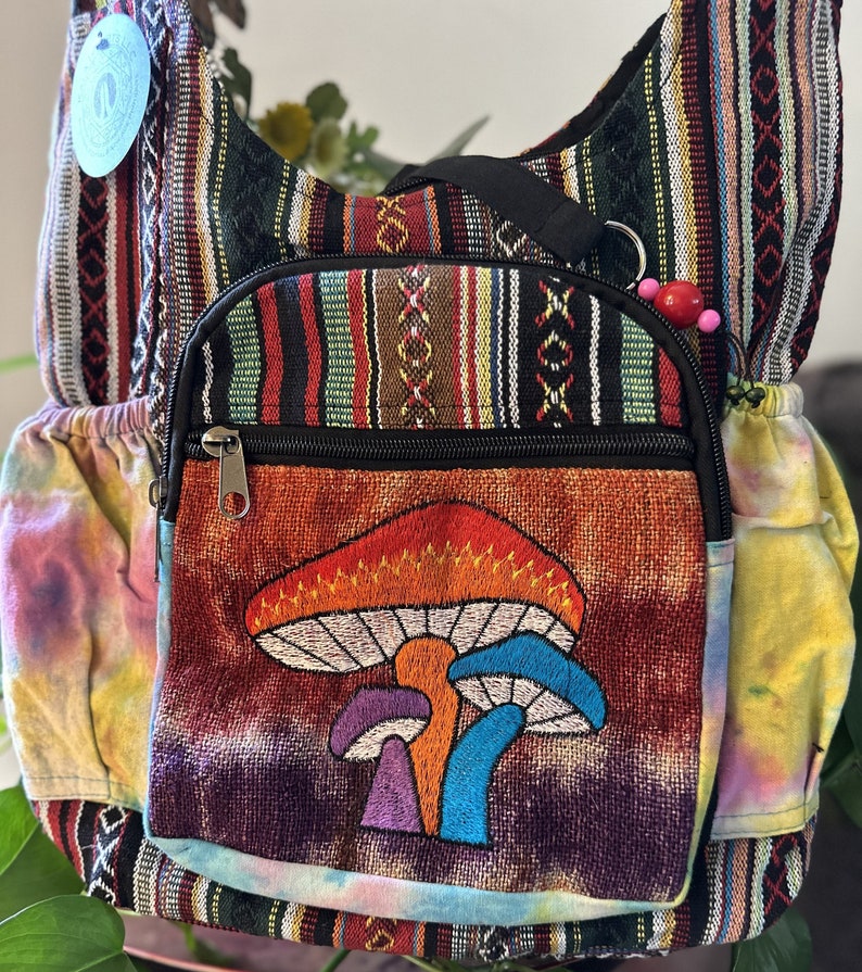 Customers Favorite 5* Bright & Colorful Hemp Mushroom Embroidery Hippie Crossbody bag Indian craftsmanship Durable Perfect for any occasion Goddess of fire