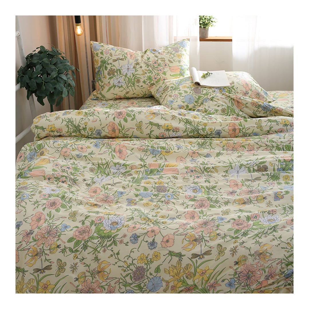 Beige Green Floral Quilt Cover 100 Cotton Duvet Cover and 2 Etsy