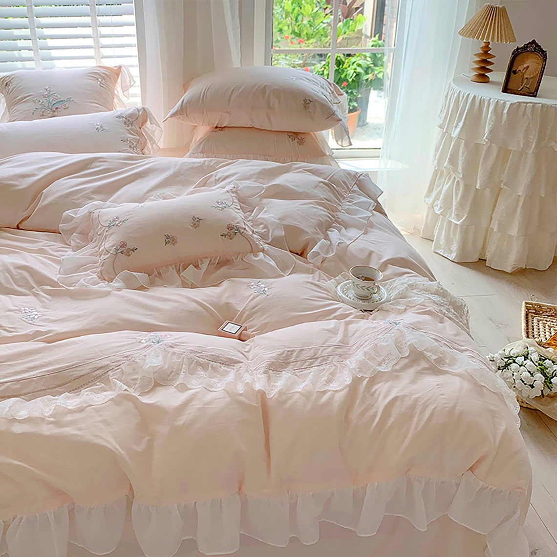 Pink Floral Embroidered Duvet Cover Set4pc Lace Ruffled Duvet Etsy