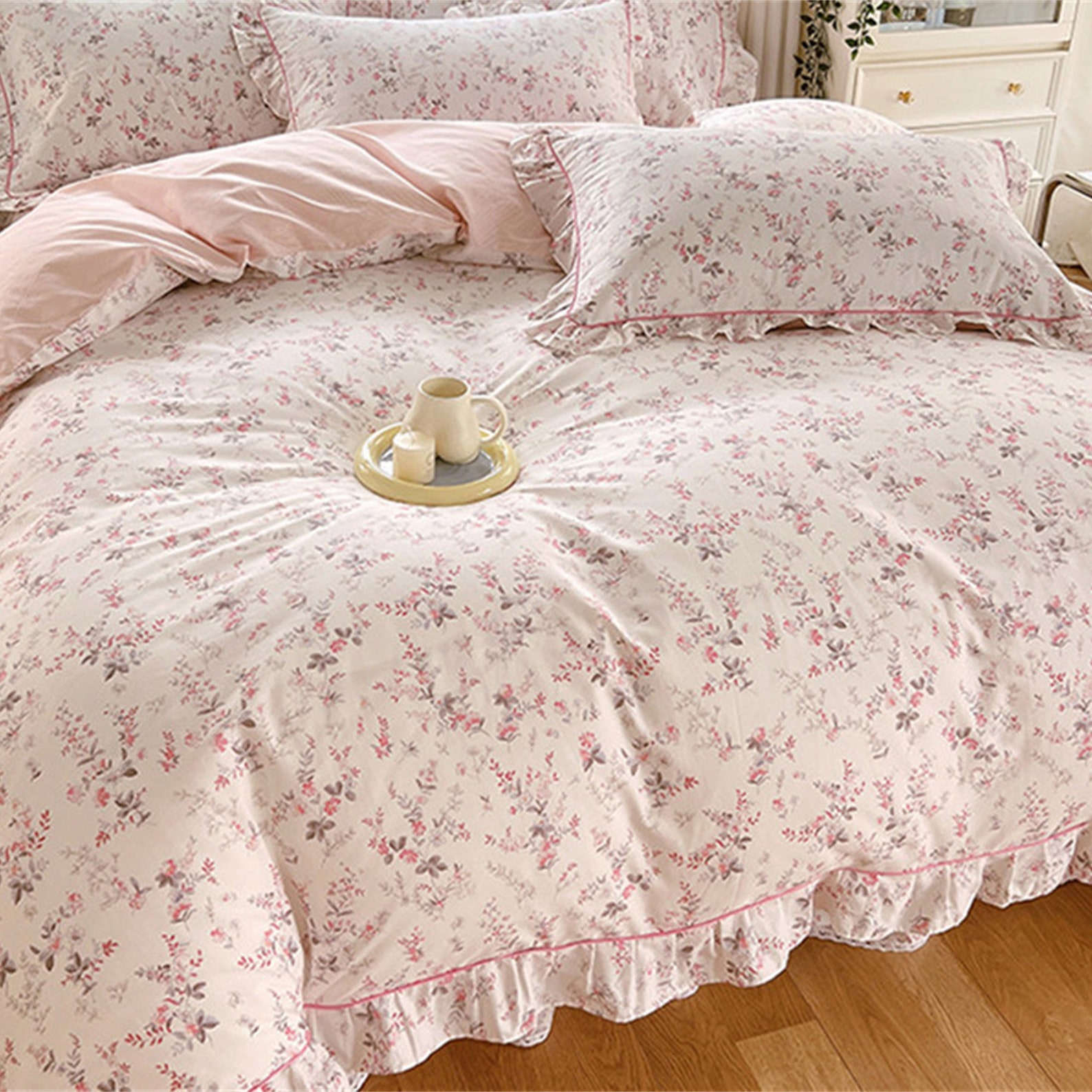 100 Cotton Pink Floral Duvet Cover Set Princess Style Ruffle Etsy
