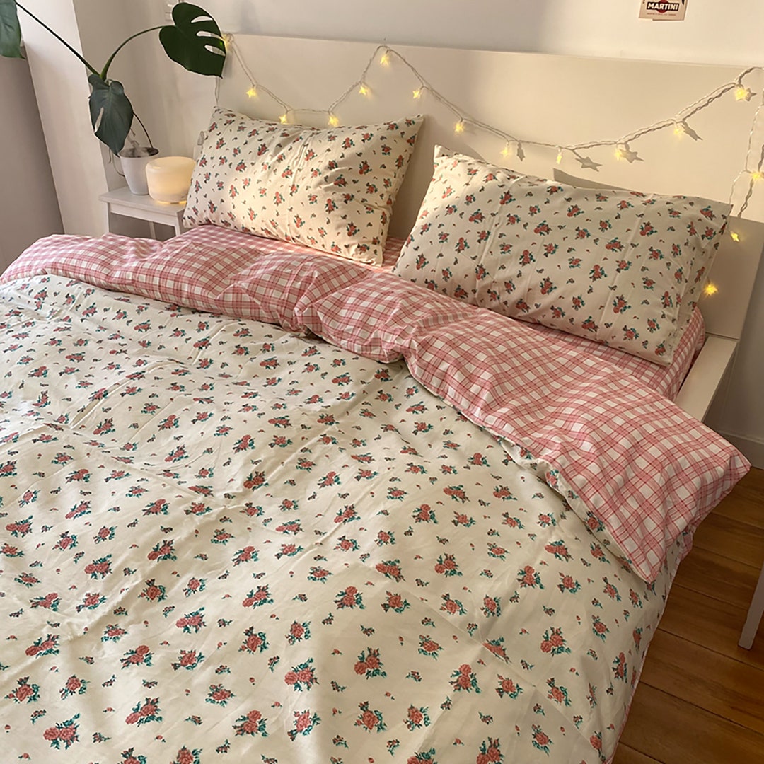 French Vintage Floral Duvet Cover Set Beige Cotton Duvet Etsy