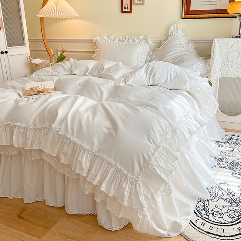 Pure White Lace Ruffle Duvet Cover 100 Cotton Duvet Cover Etsy
