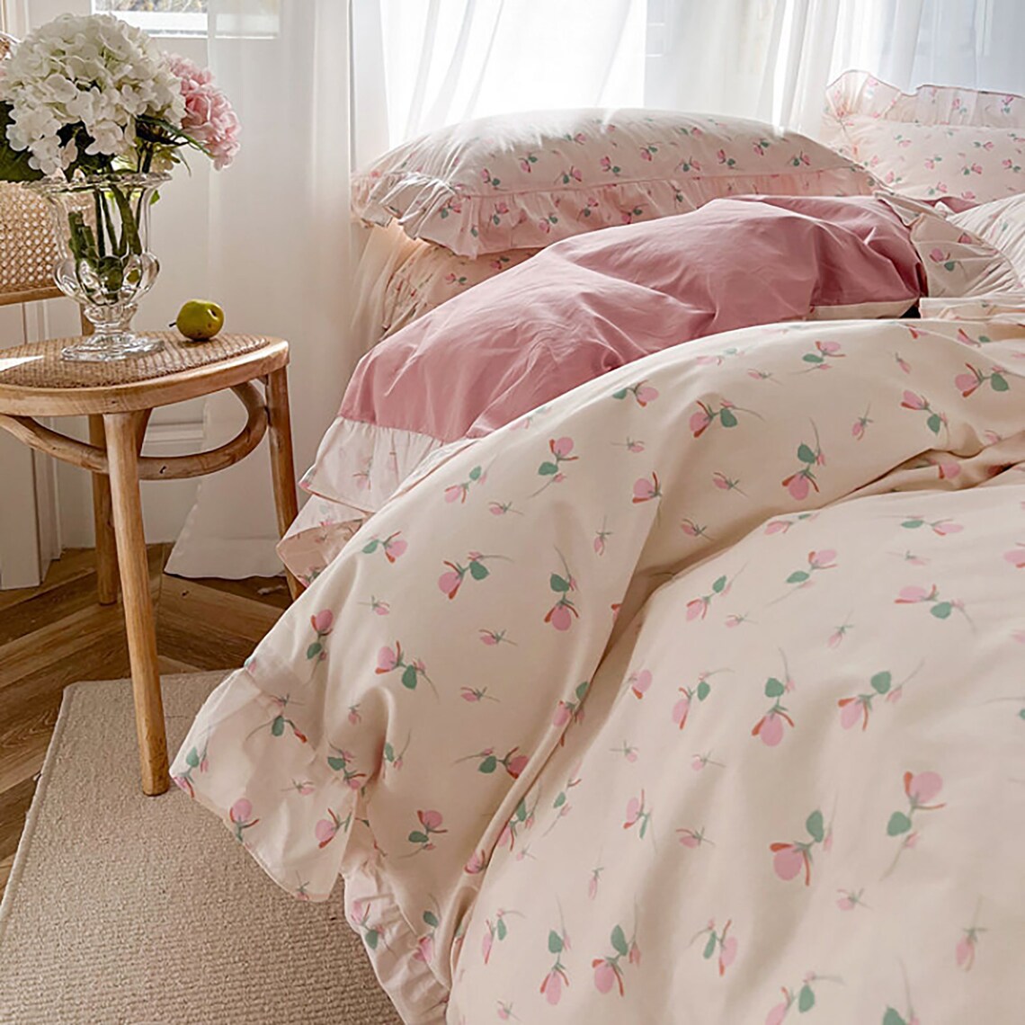 Elegant Ruffled Duvet Cover Set Pink Floral Duvet Cover Set Etsy