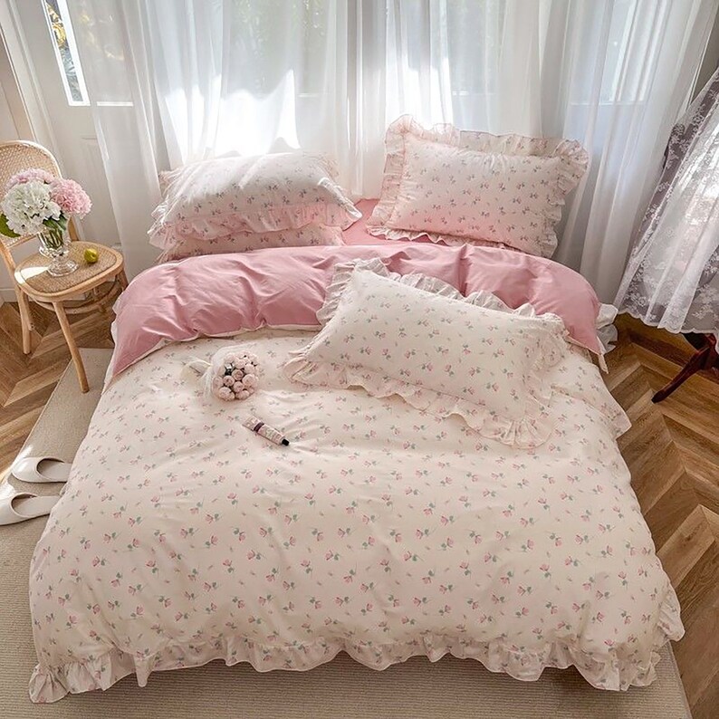 Elegant Ruffled Duvet Cover Set Pink Floral Duvet Cover Set Etsy
